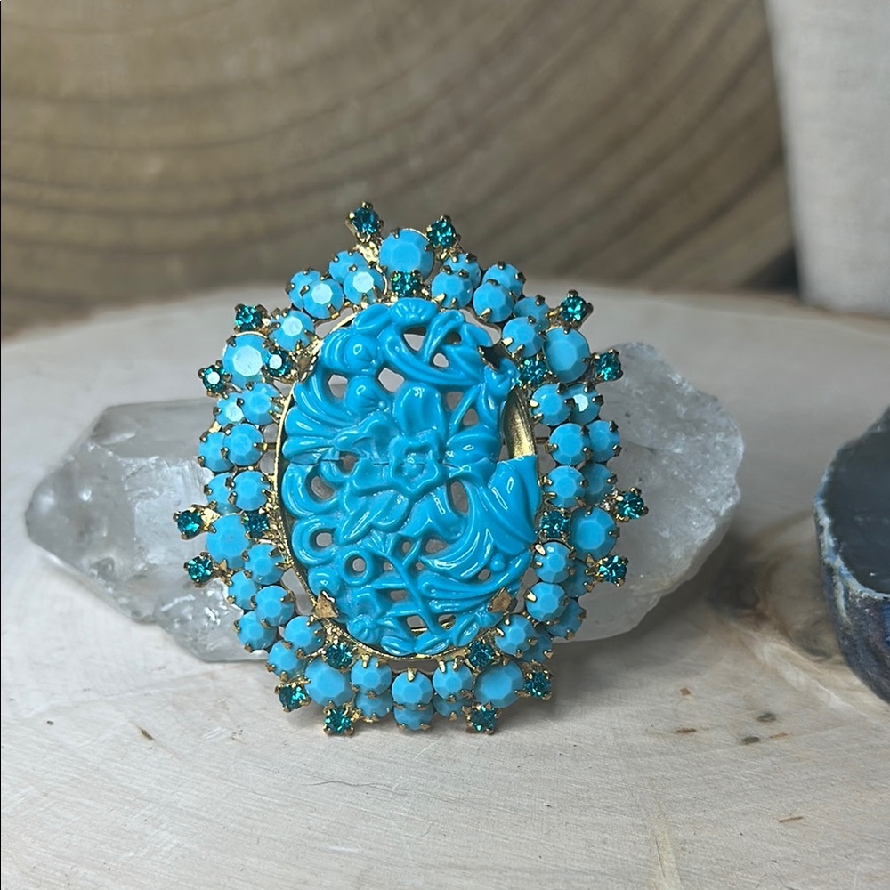 Juliana Faux Turquoise and Gold Floral Brooch Pin AS IS